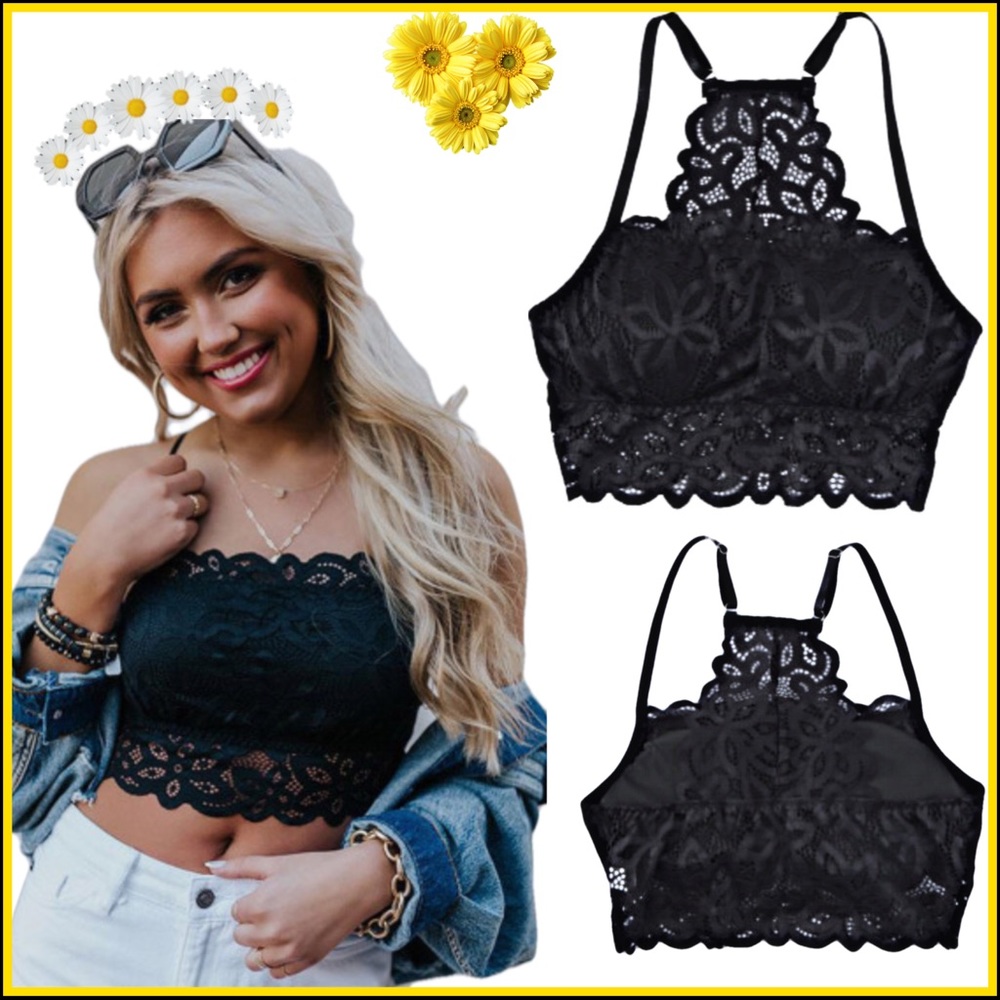 BLACK LACE FLORAL CROCHET SPAGHETTI-STRAP BRALETTE Sz MEDIUM - Picture 13 of 13
